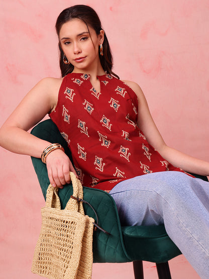 Maroon Ikkat Straight Cotton Stitched Tunic