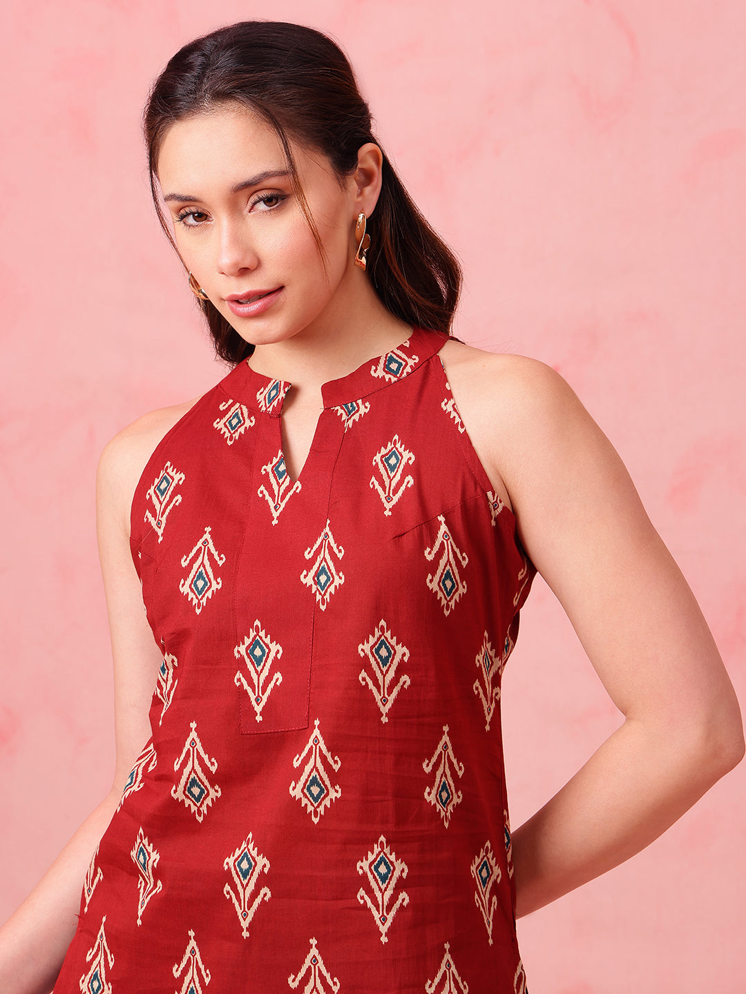 Maroon Ikkat Straight Cotton Stitched Tunic