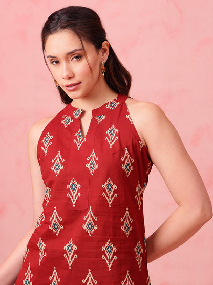 Maroon Ikkat Straight Cotton Stitched Tunic