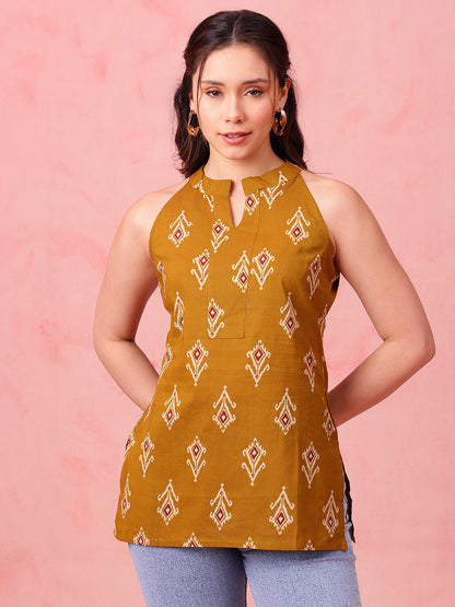 Mustard Ikkat Straight Cotton Stitched Tunic