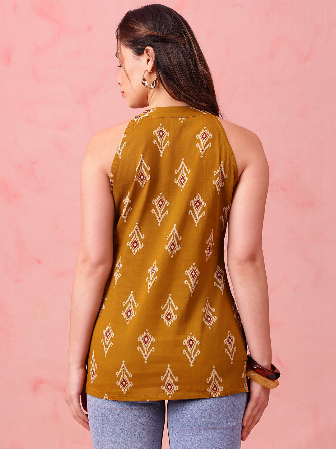 Mustard Ikkat Straight Cotton Stitched Tunic