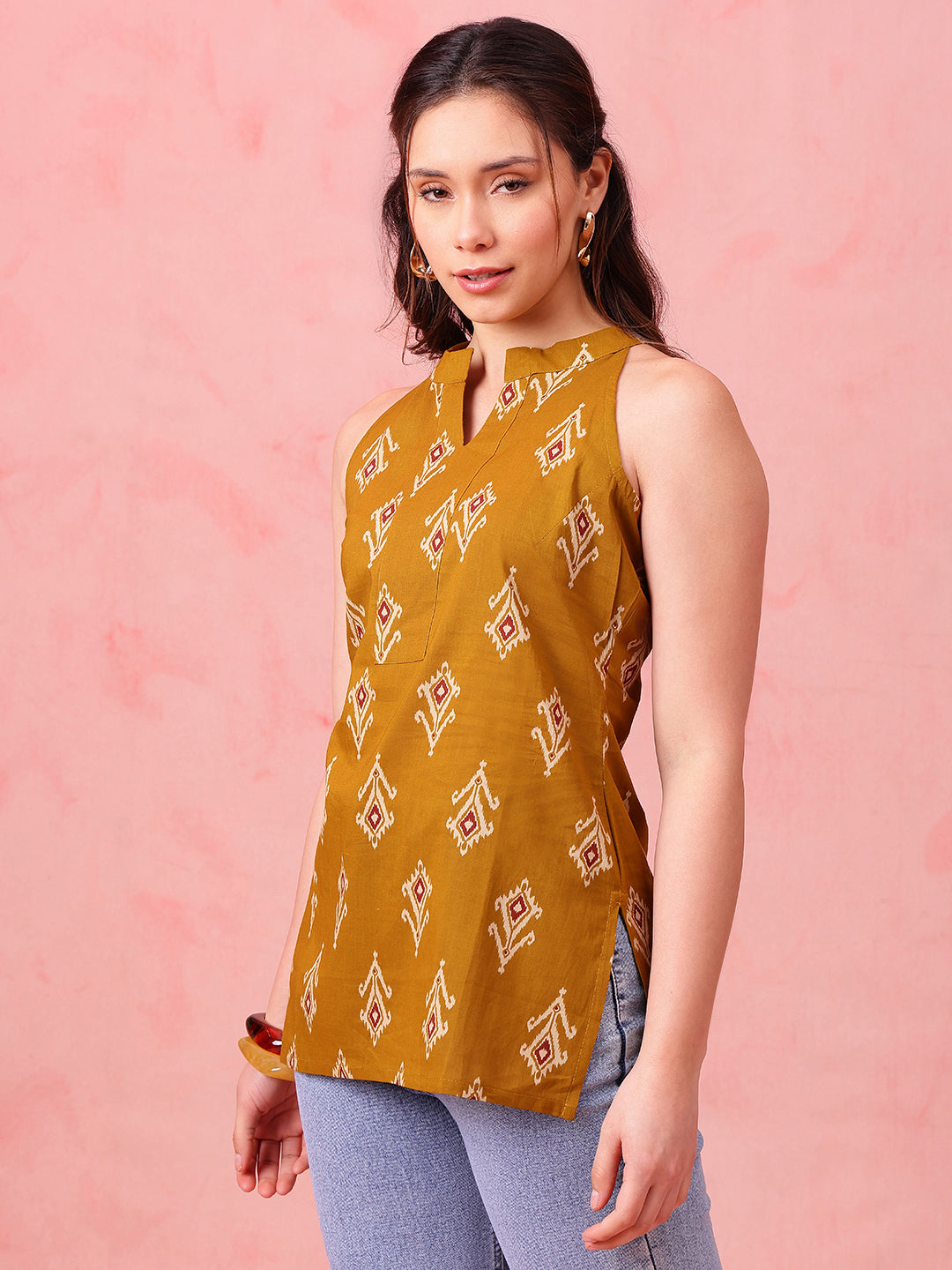 Mustard Ikkat Straight Cotton Stitched Tunic