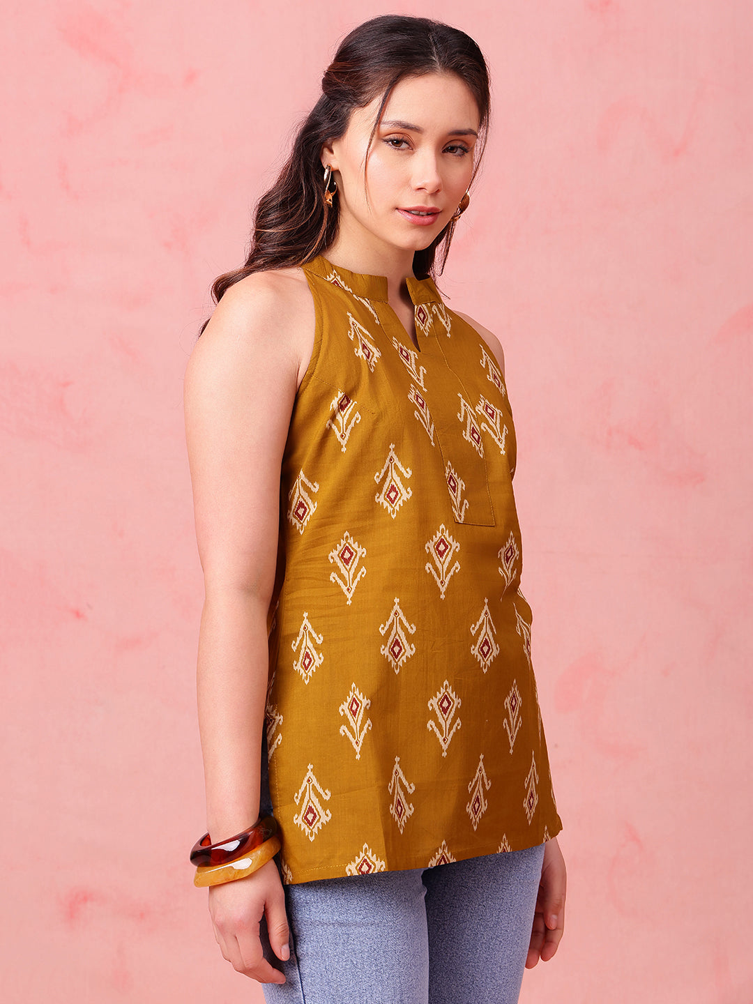 Mustard Ikkat Straight Cotton Stitched Tunic
