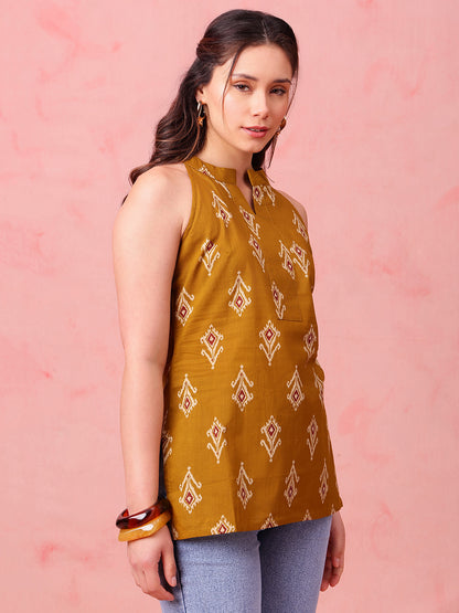 Mustard Ikkat Straight Cotton Stitched Tunic