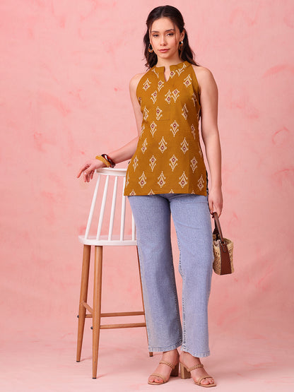 Mustard Ikkat Straight Cotton Stitched Tunic