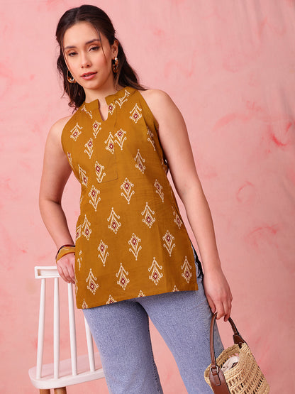 Mustard Ikkat Straight Cotton Stitched Tunic