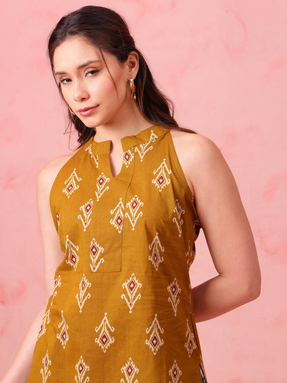 Mustard Ikkat Straight Cotton Stitched Tunic