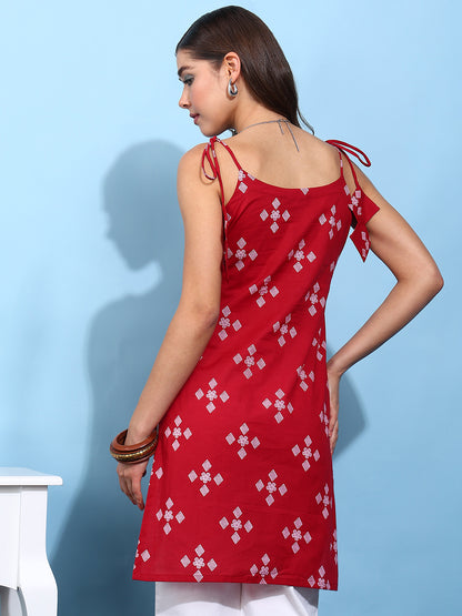 Maroon Geomatric Straight Cotton Stiched Short Kurta