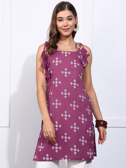 Lavender Geometric Straight Cotton Stitched Short Kurta