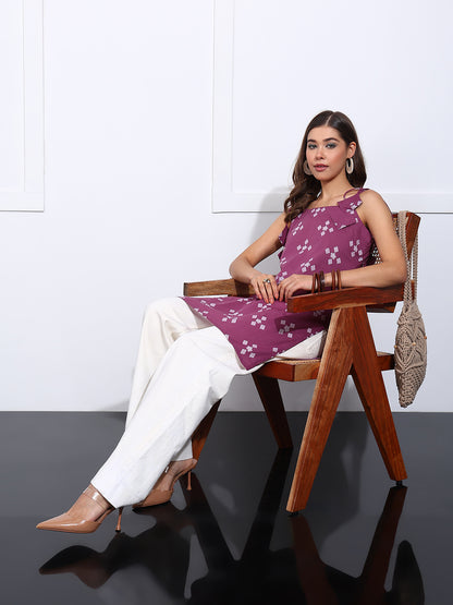 Lavender Geometric Straight Cotton Stitched Short Kurta