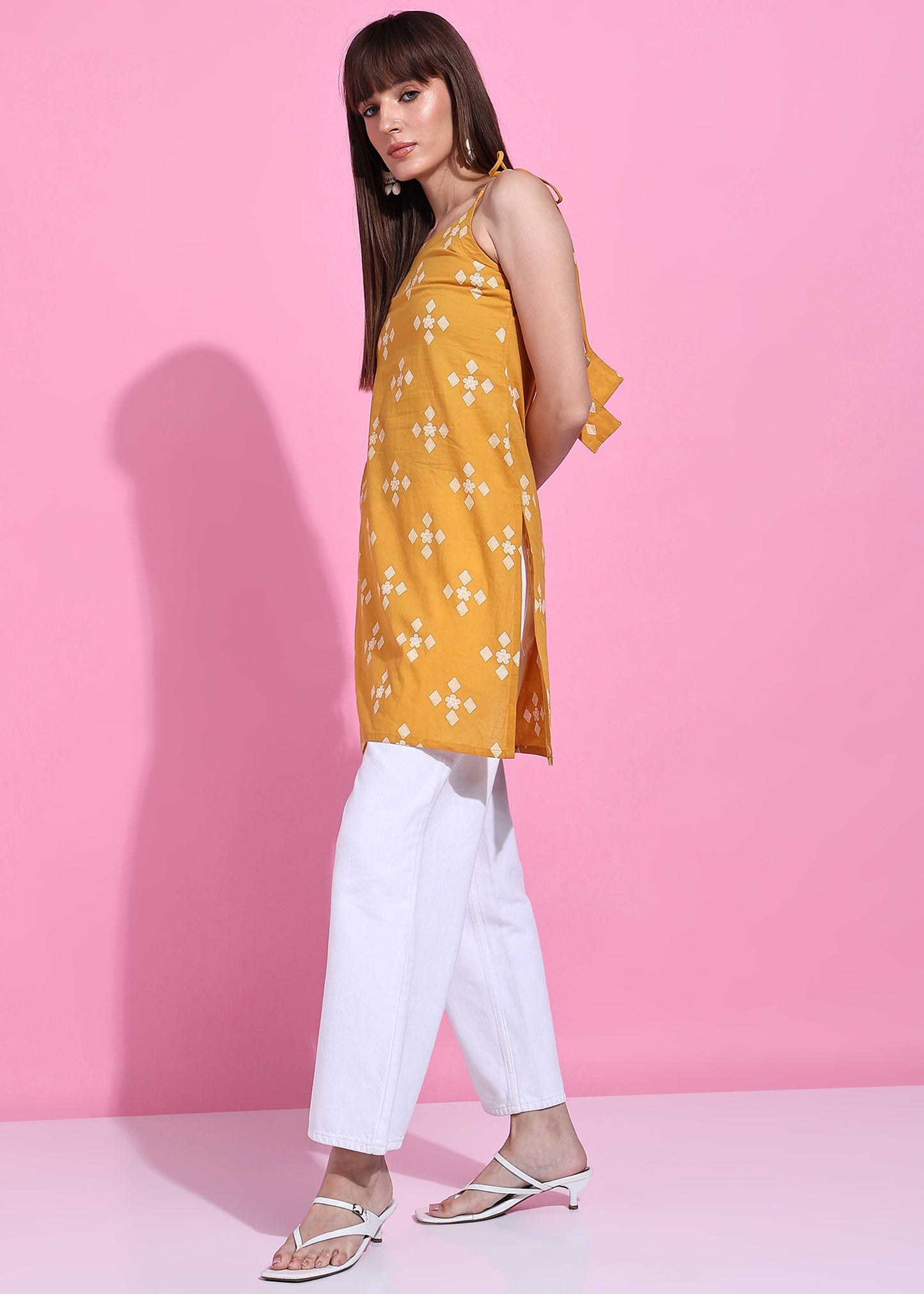 Yellow Geometric Straight Cotton Stitched Short Kurta