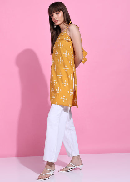 Yellow Geometric Straight Cotton Stitched Short Kurta