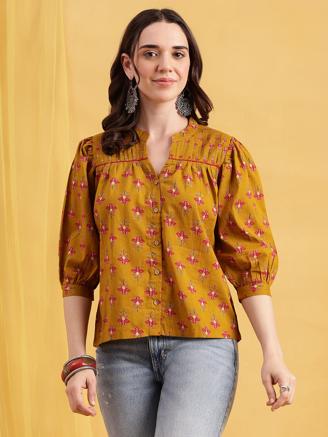 Mustard Floral Print Straight Cotton Stitched Top