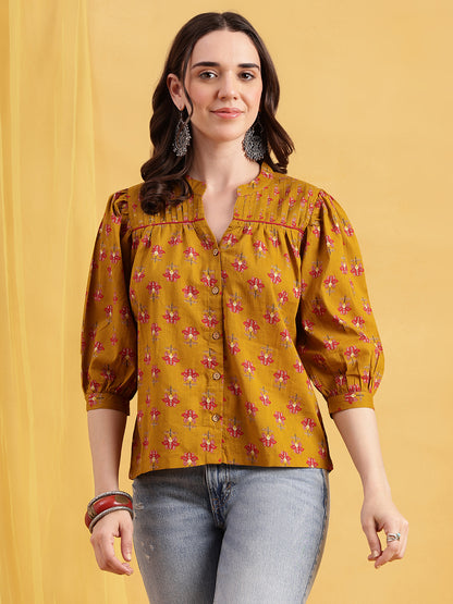 Mustard Floral Print Straight Cotton Stitched Top