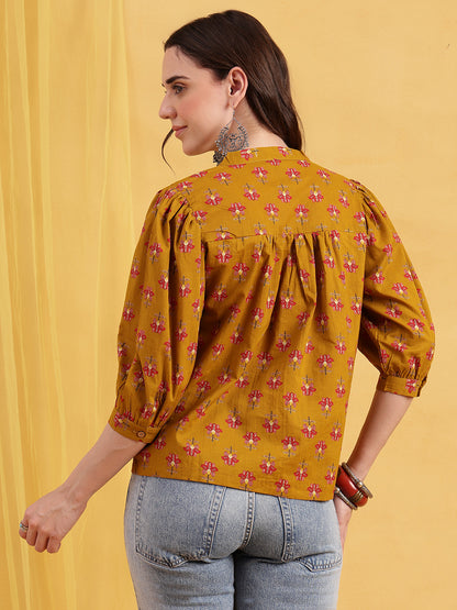 Mustard Floral Print Straight Cotton Stitched Top