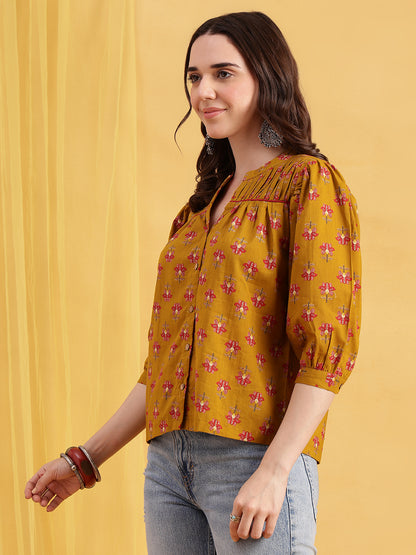 Mustard Floral Print Straight Cotton Stitched Top