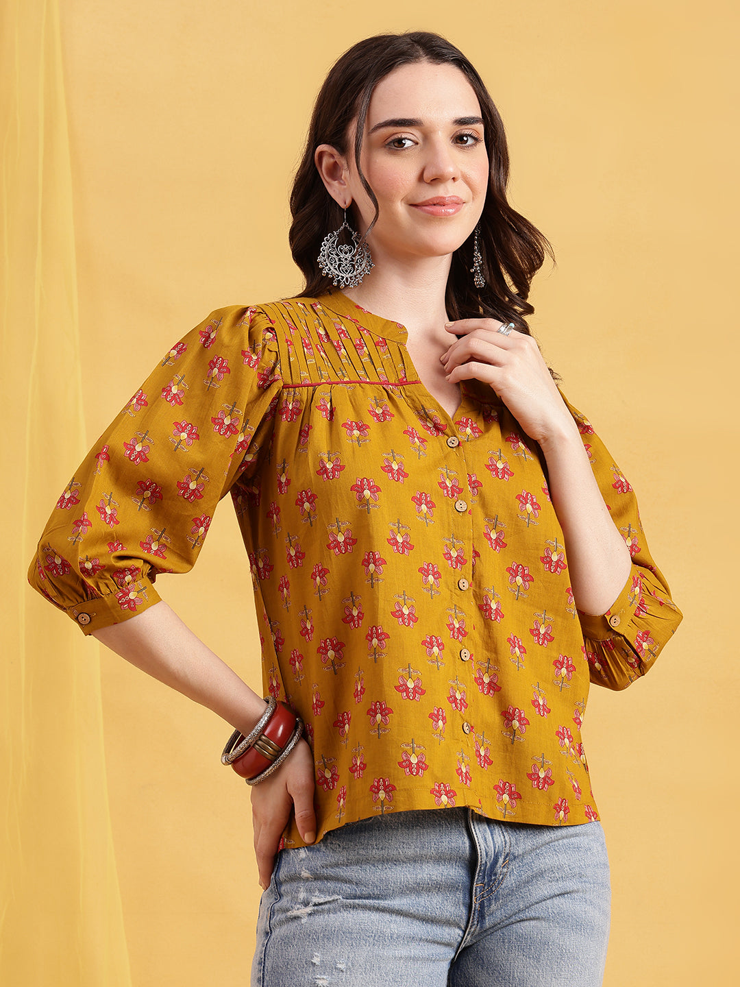 Mustard Floral Print Straight Cotton Stitched Top