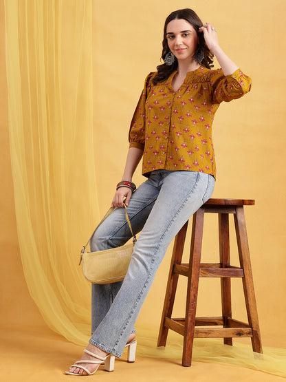 Mustard Floral Print Straight Cotton Stitched Top