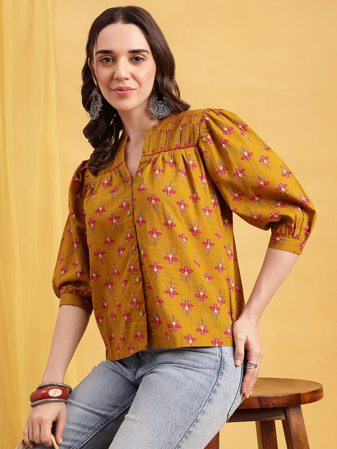 Mustard Floral Print Straight Cotton Stitched Top