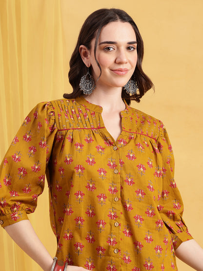 Mustard Floral Print Straight Cotton Stitched Top