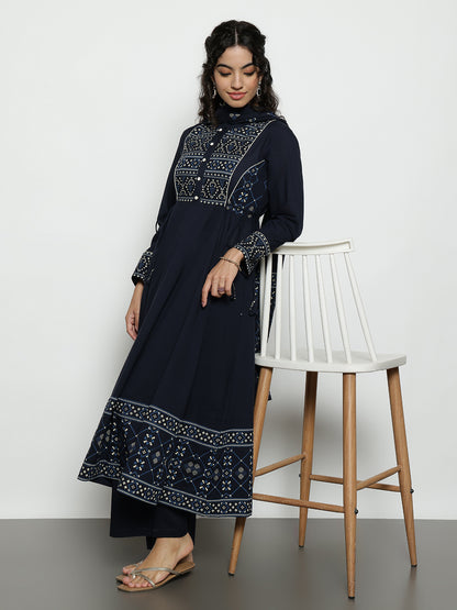 Navy Blue Geomatric A-Line Cotton Stitched Kurta, Palazzo With Dupatta