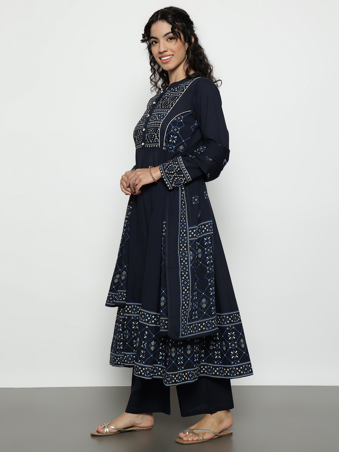 Navy Blue Geomatric A-Line Cotton Stitched Kurta, Palazzo With Dupatta