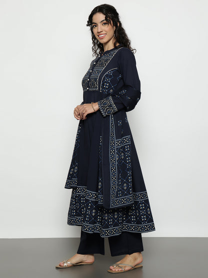 Navy Blue Geomatric A-Line Cotton Stitched Kurta, Palazzo With Dupatta