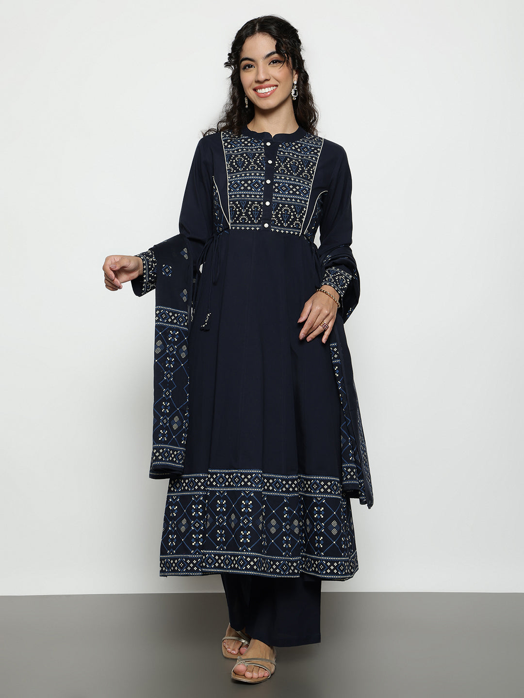 Navy Blue Geomatric A-Line Cotton Stitched Kurta, Palazzo With Dupatta