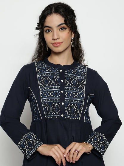 Navy Blue Geomatric A-Line Cotton Stitched Kurta, Palazzo With Dupatta
