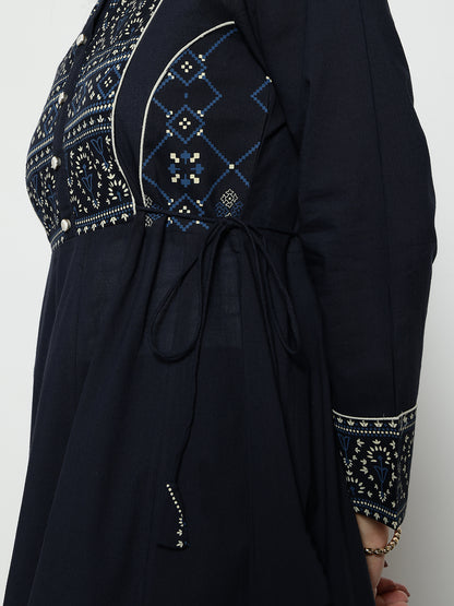 Navy Blue Geomatric A-Line Cotton Stitched Kurta, Palazzo With Dupatta