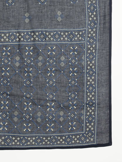 Navy Blue Geomatric A-Line Cotton Stitched Kurta, Palazzo With Dupatta