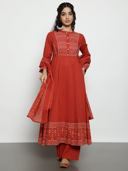 Rust Geomatric A-Line Cotton Stitched Kurta, Palazzo With Dupatta
