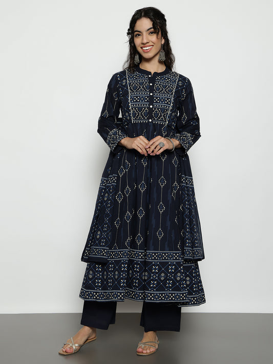 Navy Blue Geomatric A-Line Cotton Stitched Kurta, Palazzo With Dupatta