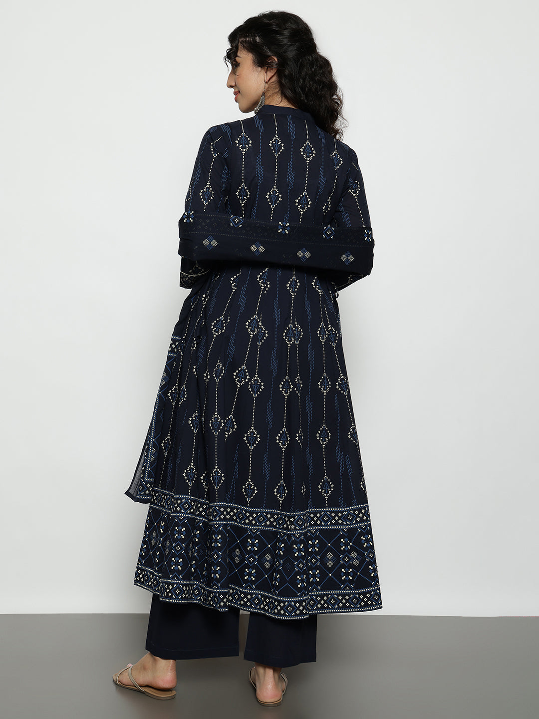 Navy Blue Geomatric A-Line Cotton Stitched Kurta, Palazzo With Dupatta