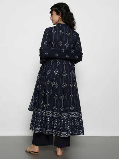 Navy Blue Geomatric A-Line Cotton Stitched Kurta, Palazzo With Dupatta