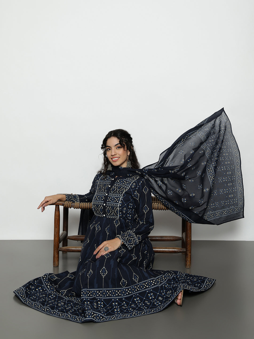 Navy Blue Geomatric A-Line Cotton Stitched Kurta, Palazzo With Dupatta