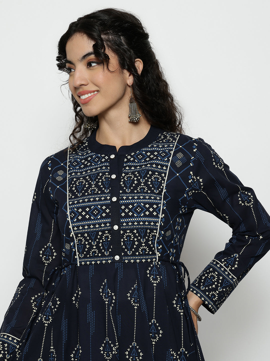 Navy Blue Geomatric A-Line Cotton Stitched Kurta, Palazzo With Dupatta