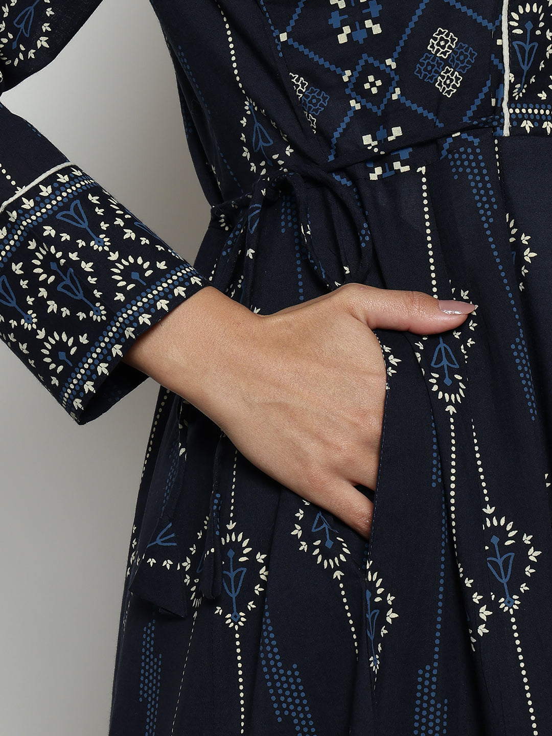 Navy Blue Geomatric A-Line Cotton Stitched Kurta, Palazzo With Dupatta