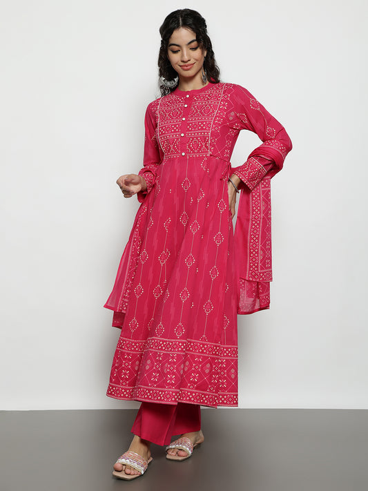 Pink Geomatric A-Line Cotton Stitched Kurta, Palazzo With Dupatta
