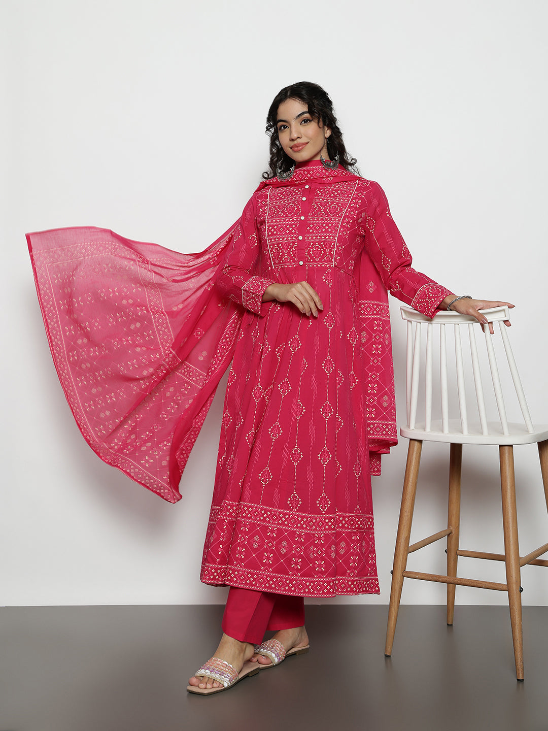 Pink Geomatric A-Line Cotton Stitched Kurta, Palazzo With Dupatta