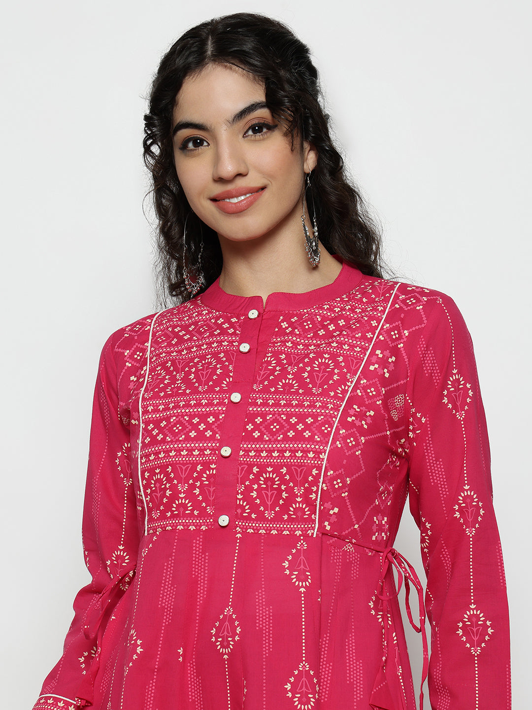 Pink Geomatric A-Line Cotton Stitched Kurta, Palazzo With Dupatta