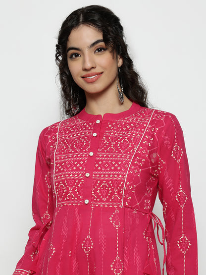 Pink Geomatric A-Line Cotton Stitched Kurta, Palazzo With Dupatta