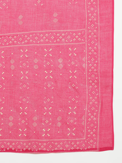 Pink Geomatric A-Line Cotton Stitched Kurta, Palazzo With Dupatta