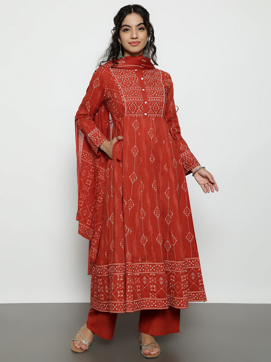 Rust Geomatric A-Line Cotton Stitched Kurta, Palazzo With Dupatta