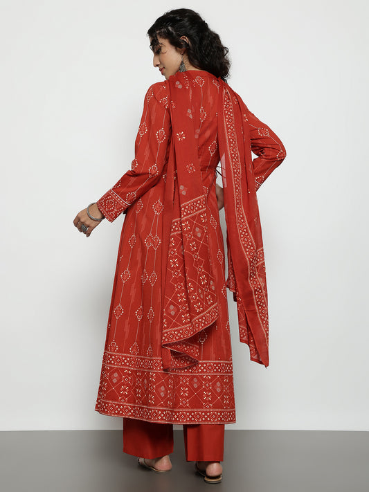 Rust Geomatric A-Line Cotton Stitched Kurta, Palazzo With Dupatta