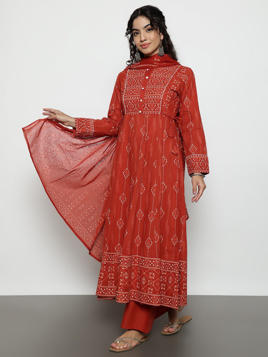 Rust Geomatric A-Line Cotton Stitched Kurta, Palazzo With Dupatta