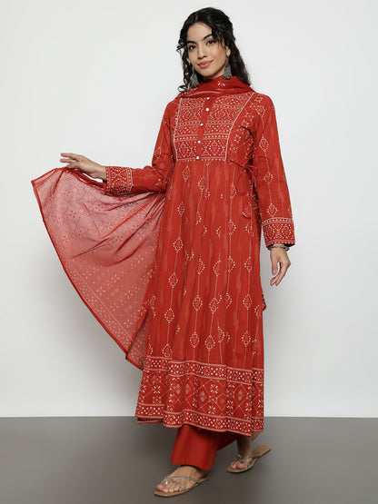 Rust Geomatric A-Line Cotton Stitched Kurta, Palazzo With Dupatta