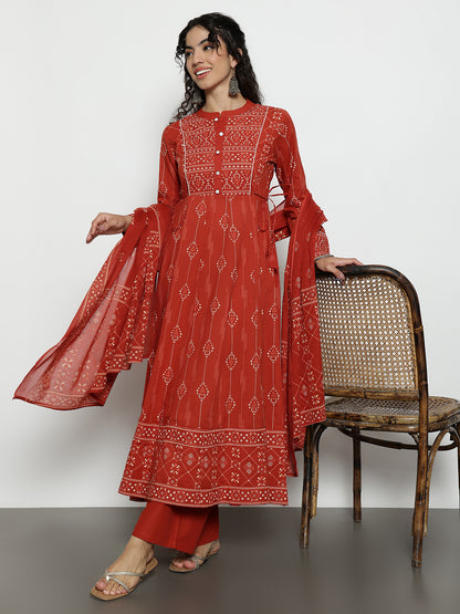 Rust Geomatric A-Line Cotton Stitched Kurta, Palazzo With Dupatta