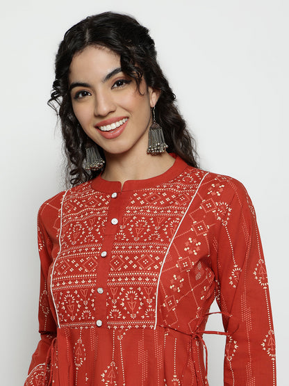 Rust Geomatric A-Line Cotton Stitched Kurta, Palazzo With Dupatta