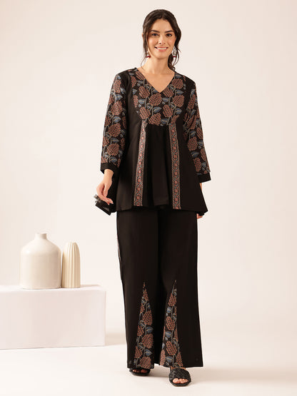 Black Leaf A-Line Cotton Stitched Co-Ord Set